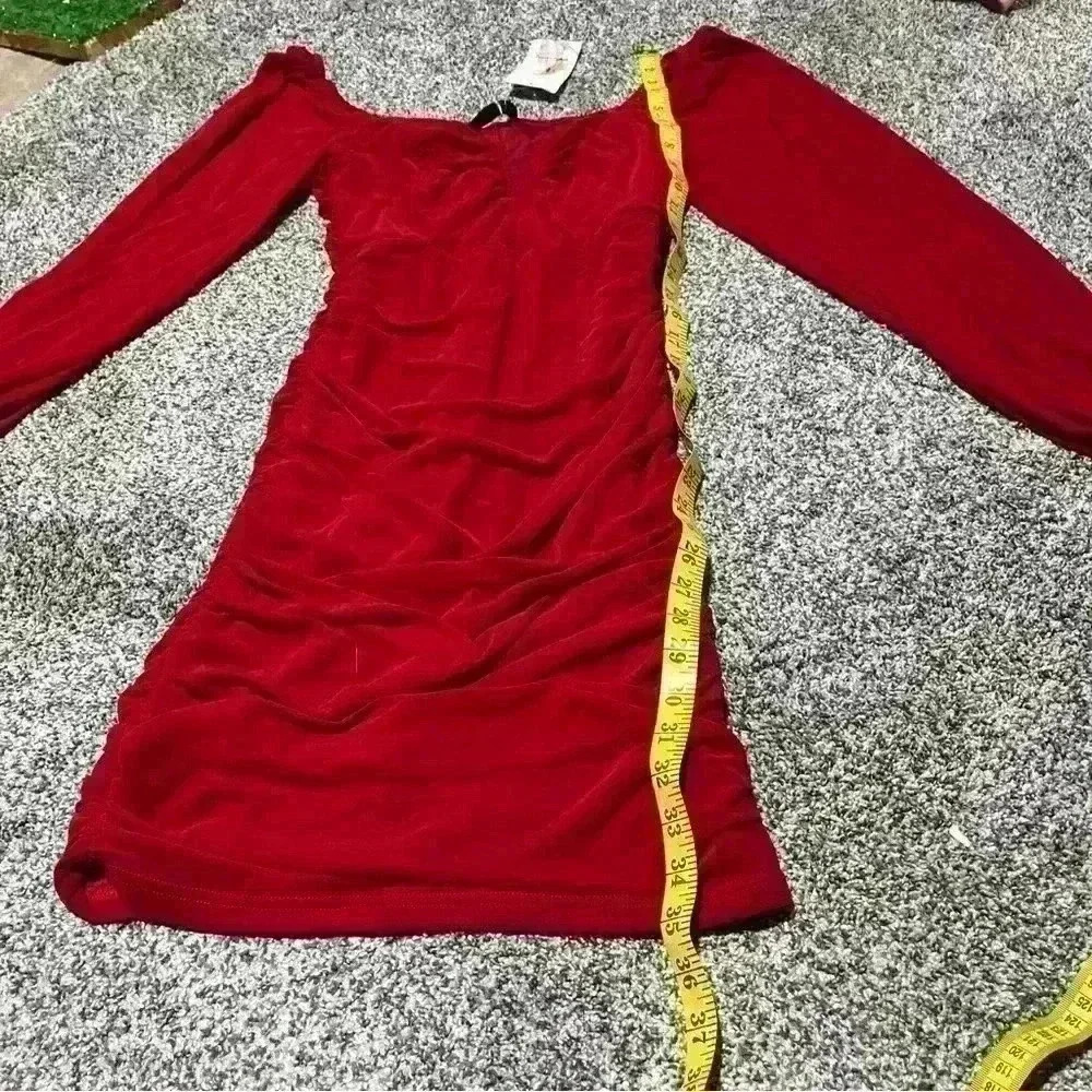 PRETTYGARDEN Women’s SZ S Red Sheer Sleeves Ruched Bodycon Dress - Picture 5 of 11